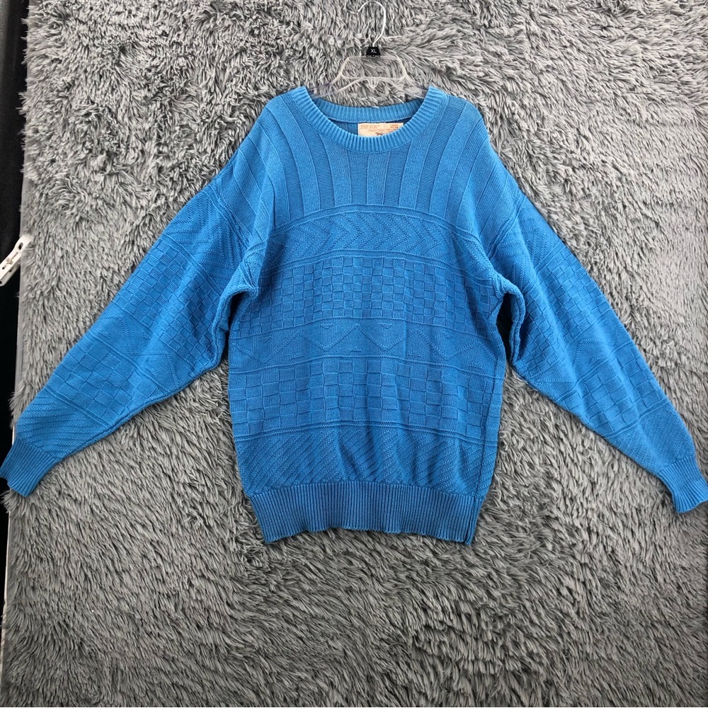 The Fox Collection Sweater Vintage Mens Large Cable Knit Blue Long Sleeve